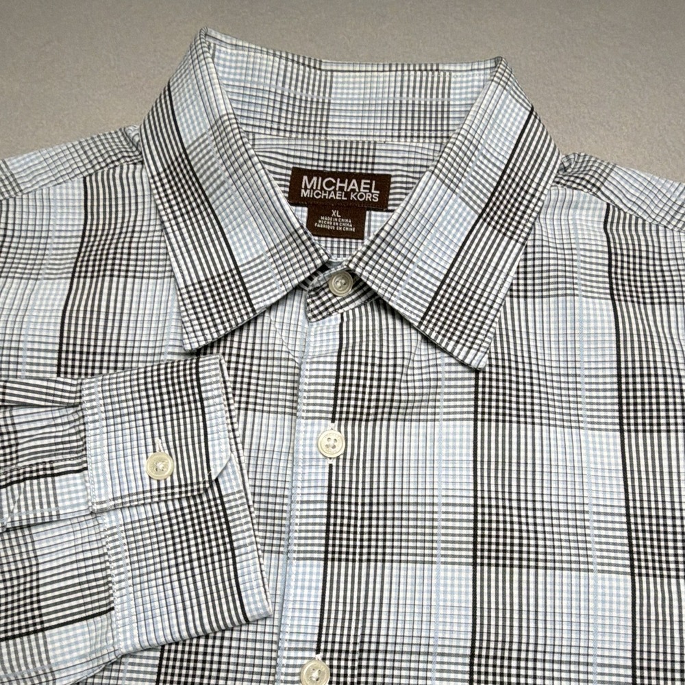 Michael Kors Men's XL Plaid Cotton Woven Long Sleeve Button-Up Shirt Blue
